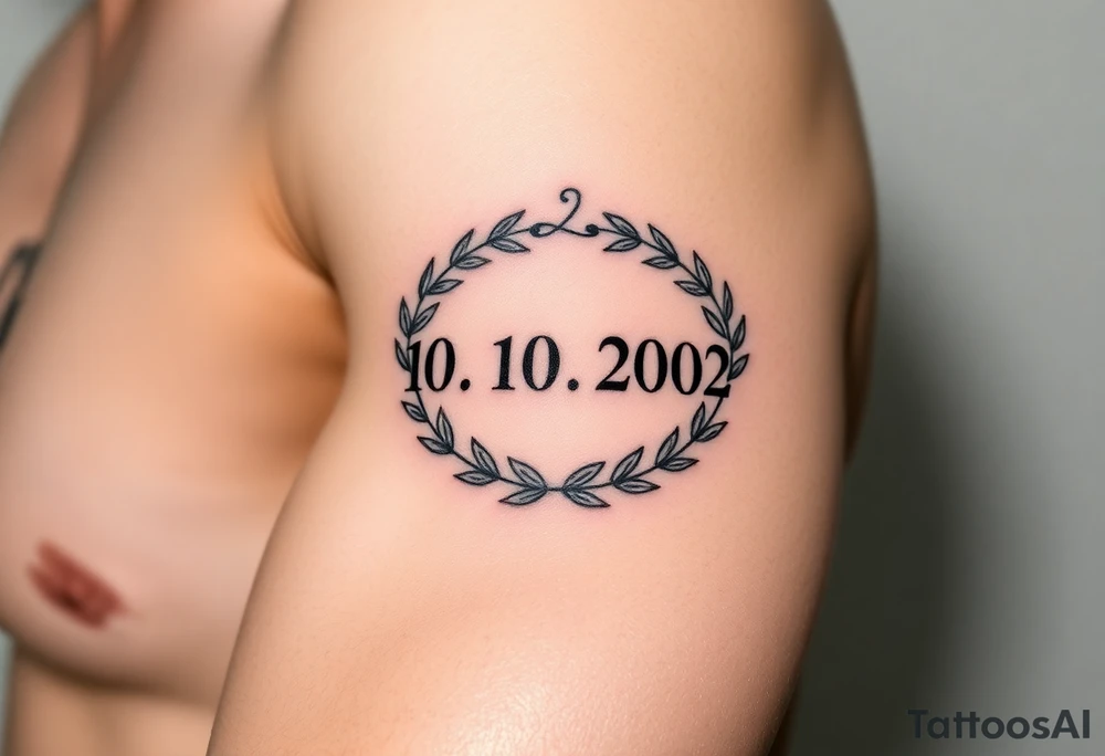 roman numerals (10.10.2002) in laurel crown in an ancient roman styles tattoo idea