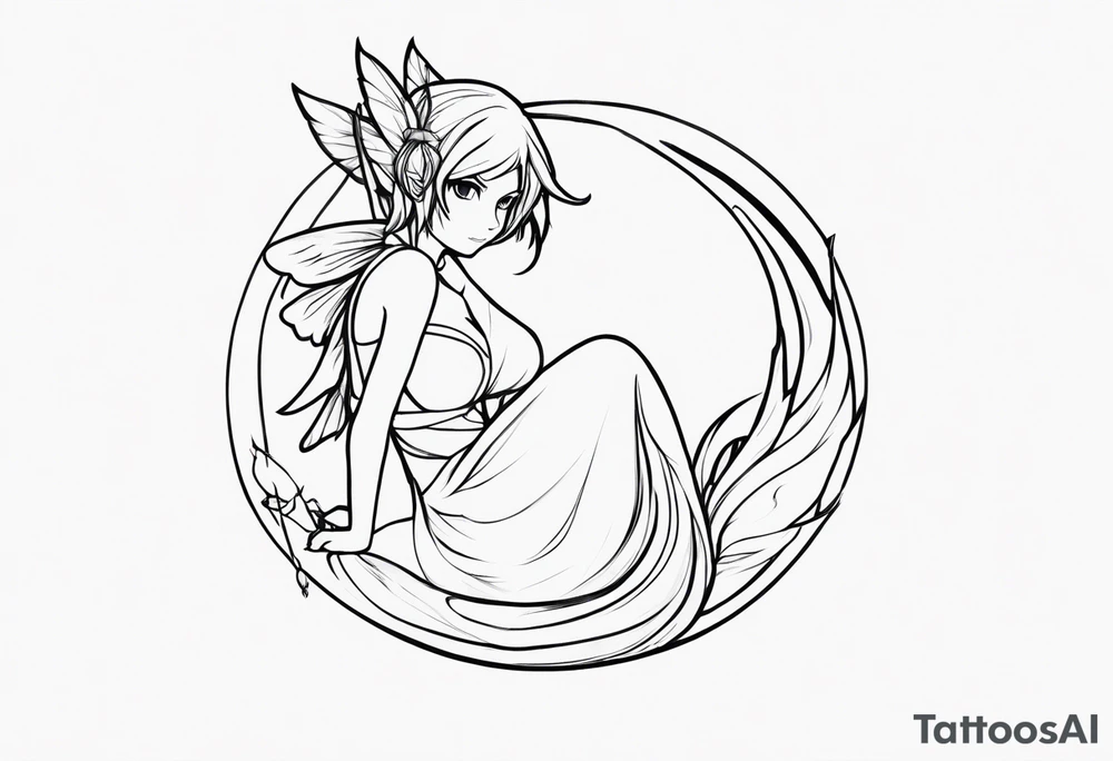 No background and no color sketch of a fairy with a tail inspired by the guild symbol in the anime show called Fairy Tail in a fetal position leaning in and forward while crawled in tattoo idea