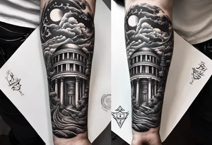 I want half sleeve tatto on the right arm 
With zeus and some thunder from his eyes, some text beside the zeus and  Temple of Olympian Zeus tattoo idea