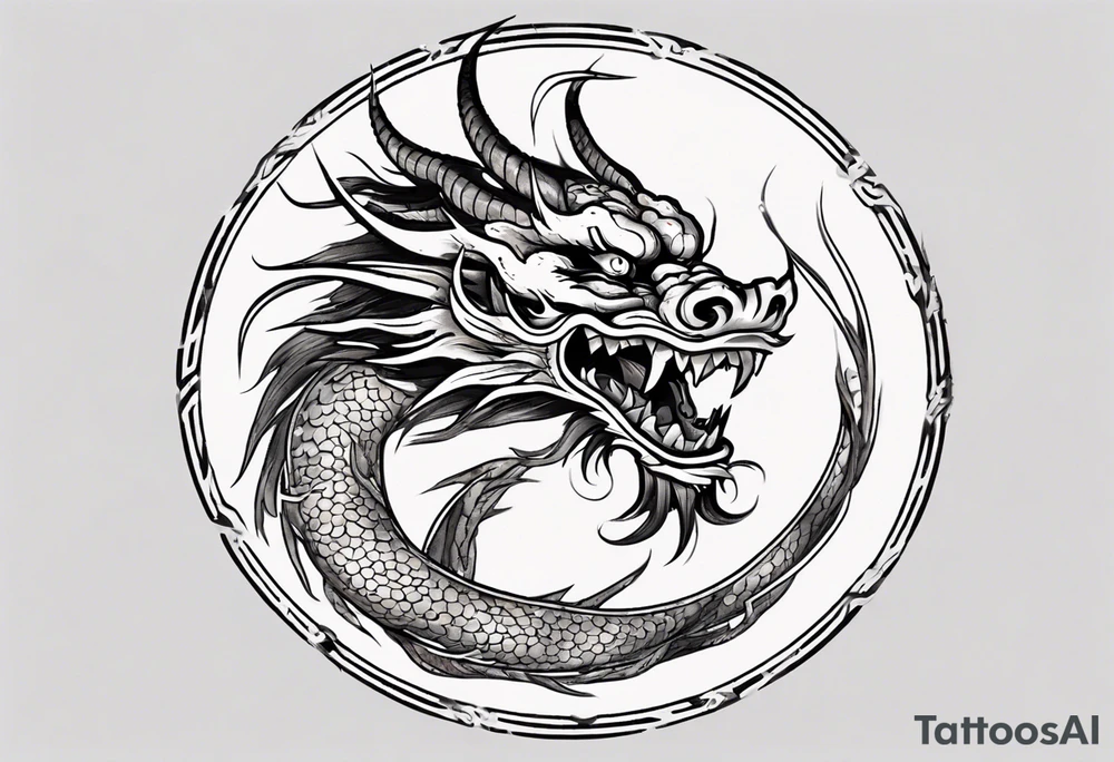 Chinese dragon in a circular shape with "02.03" written on its skin tattoo idea