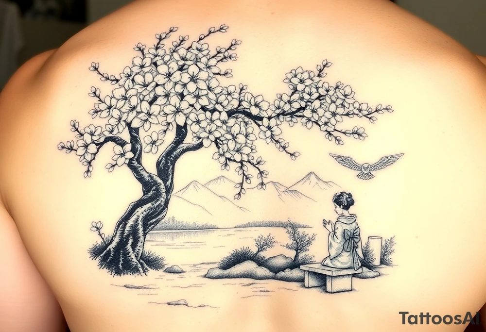 Large realistic cherry blossom tree in full bloom next to a river with mountains in the back ground and a geisha strolling next to a stone bench tattoo idea