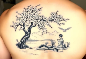 Large realistic cherry blossom tree in full bloom next to a river with mountains in the back ground and a geisha strolling next to a stone bench tattoo idea