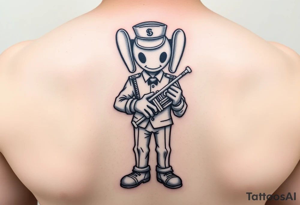 kaws figure wearing Jim Hill High School band uniform holding a mellophone tattoo idea