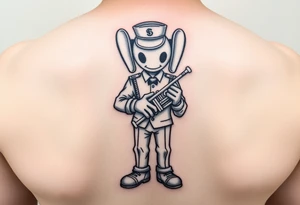 kaws figure wearing Jim Hill High School band uniform holding a mellophone tattoo idea