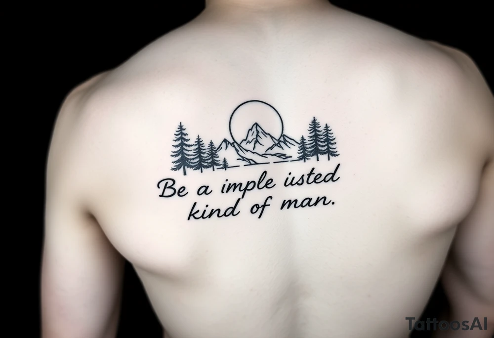 A minimalist tattoo with the words ‘Be a Simple Kind of Man’ in handwritten script, framed by pine trees, mountains, and a rising sun. Evokes peaceful strength and humility. Fine line blackwork for the forearm. Show me it on a forearm tattoo idea