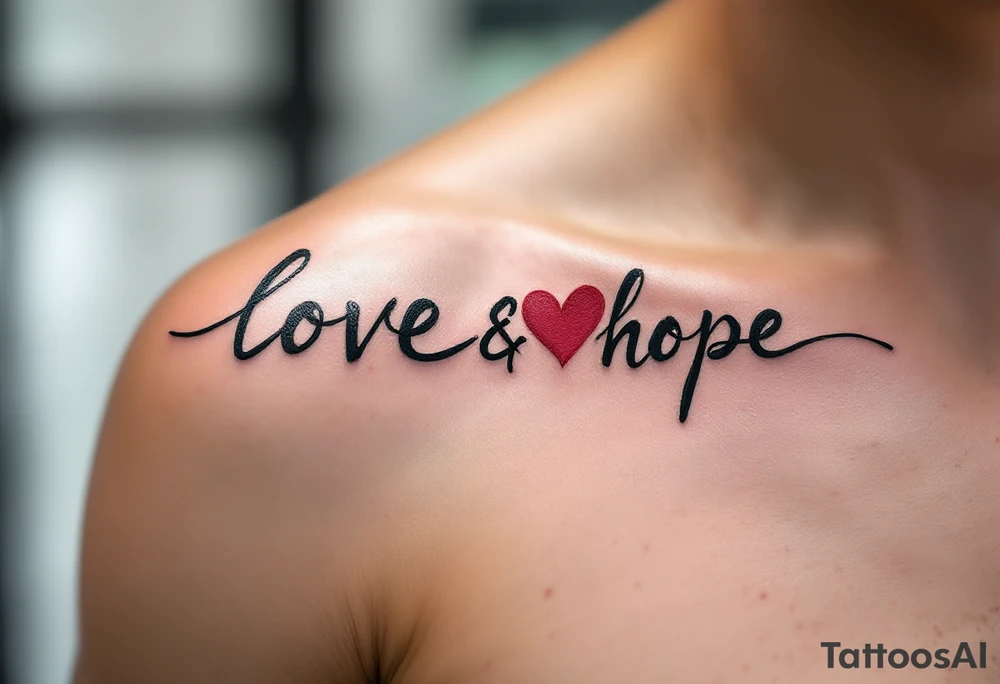 Brushstroke style tattoo in dark ink love faith hope with a crimson heart replacing the letter "o" in "love and hope". tattoo idea