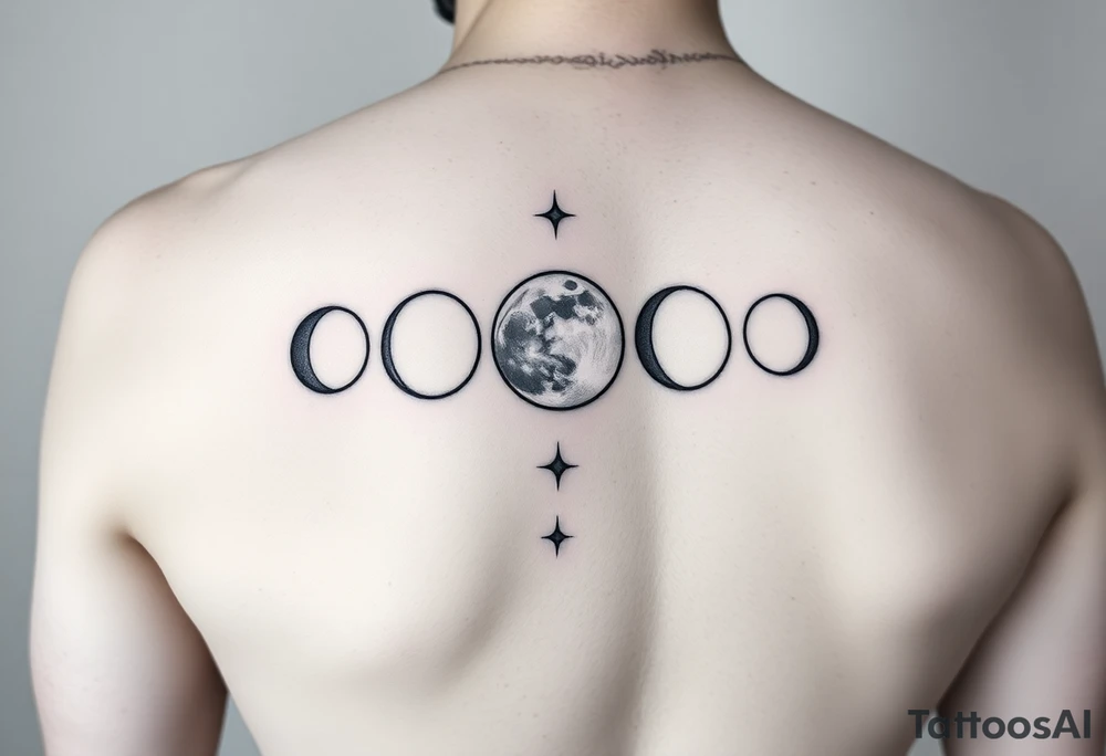 5 moon phases going vertical for a forearm in this order waxing crescent, third quarter phase, full moon, first quarter phase, third quarter phase with the Capricorn constellation without connecting lines just the stars behind it tattoo idea