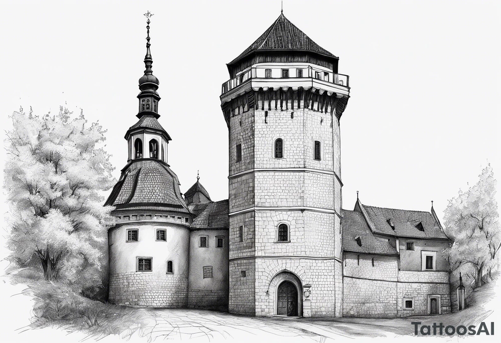picture of Varaždin tower
with the names vesna and ivo under it tattoo idea