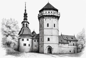 picture of Varaždin tower
with the names vesna and ivo under it tattoo idea