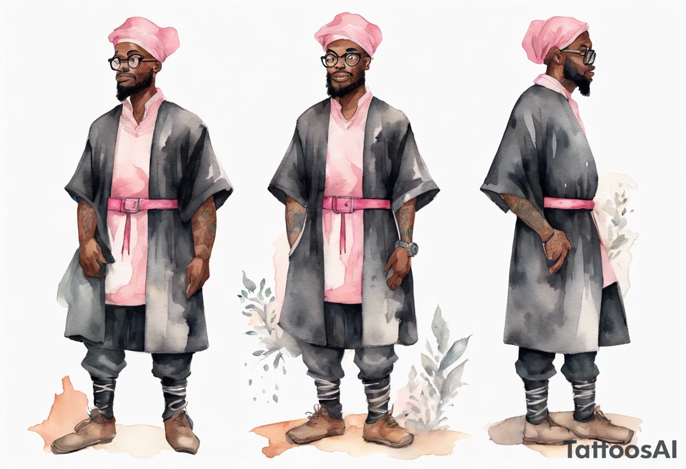 a medieval black man wearing round glasses, wearing a black tunic, wearing a pink belt, wearing grey mukluks tattoo idea