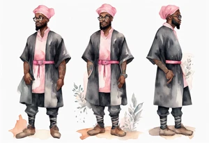 a medieval black man wearing round glasses, wearing a black tunic, wearing a pink belt, wearing grey mukluks tattoo idea