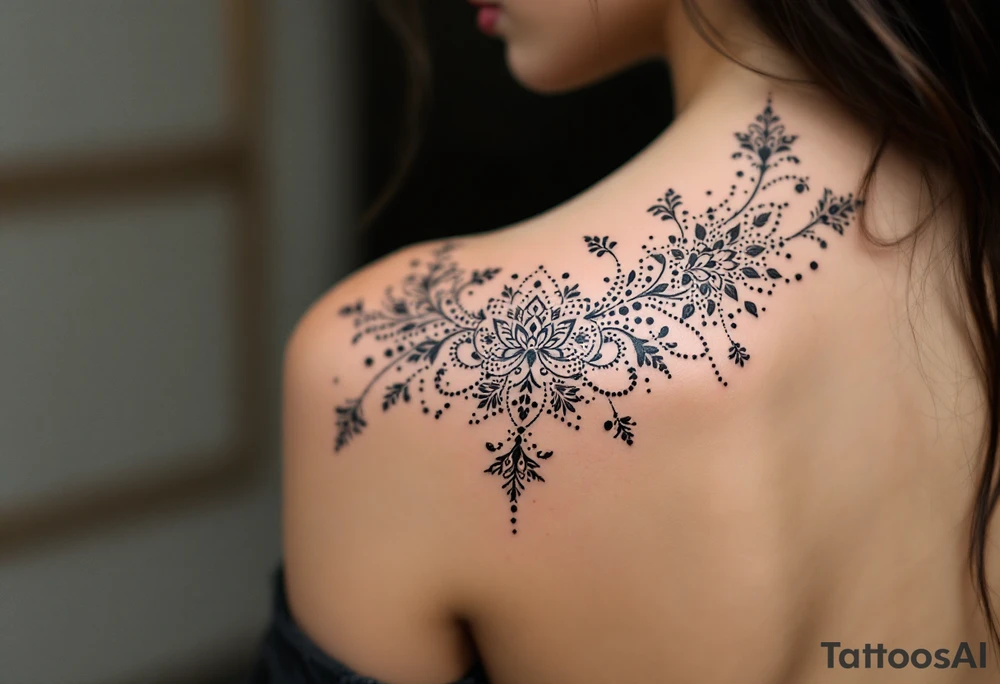 tattoo design with symmetrical ornamental patterns, combining dotwork, mandala elements, and flowing lines that follow the natural curves of the body. The design is intricate and balanced.” tattoo idea