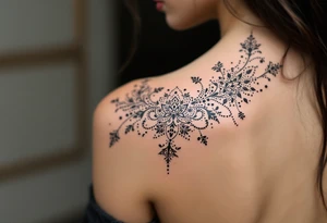 tattoo design with symmetrical ornamental patterns, combining dotwork, mandala elements, and flowing lines that follow the natural curves of the body. The design is intricate and balanced.” tattoo idea