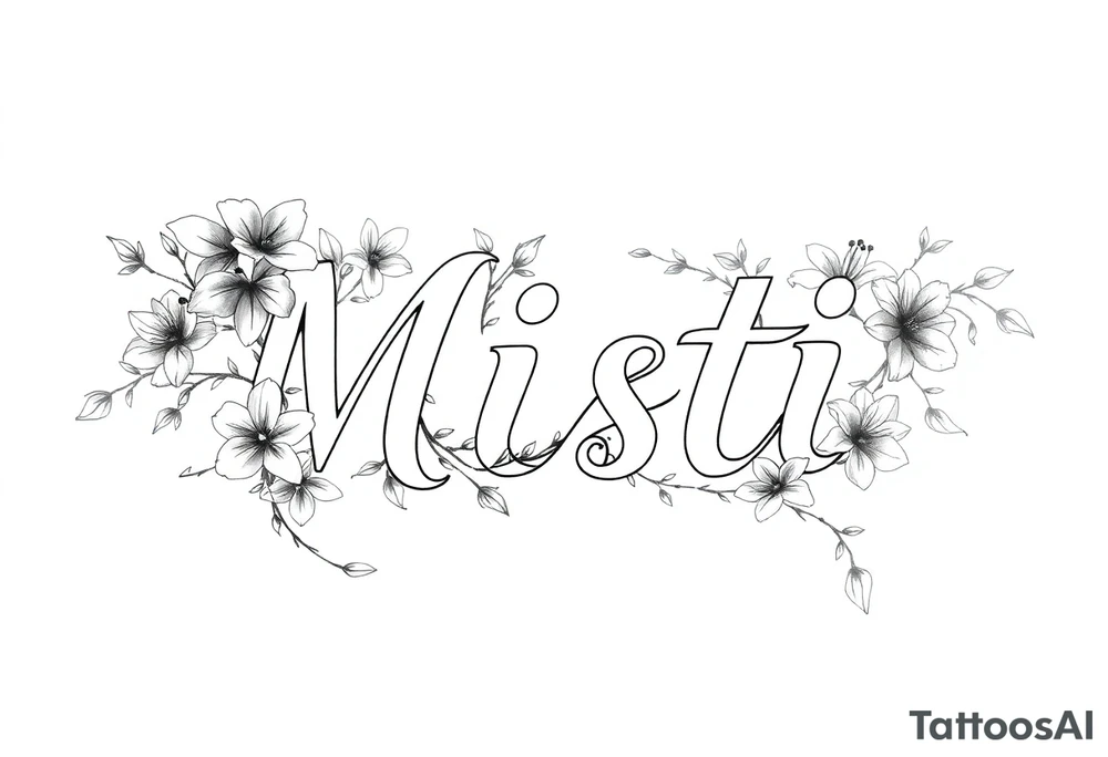 The word Misti surrounded by flowers, lilies. Vine in the letters. tattoo idea