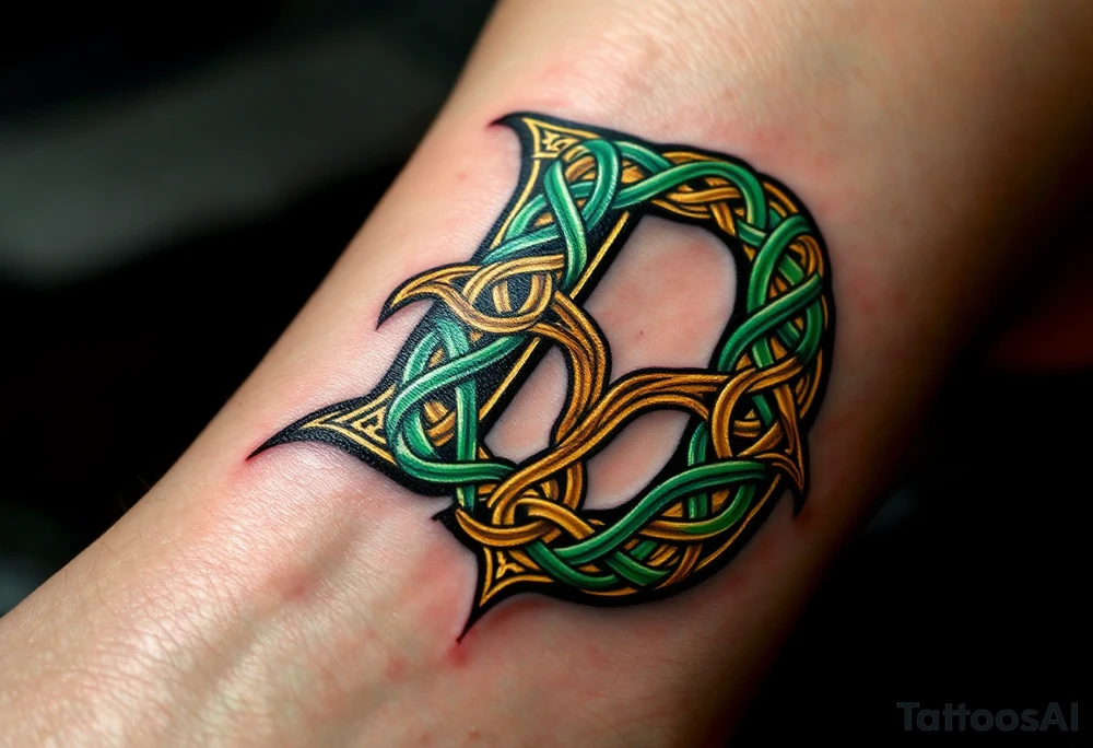 Celtic Knot D – A stylized D built from interwoven green and gold Celtic knots, symbolizing eternity and strength. tattoo idea