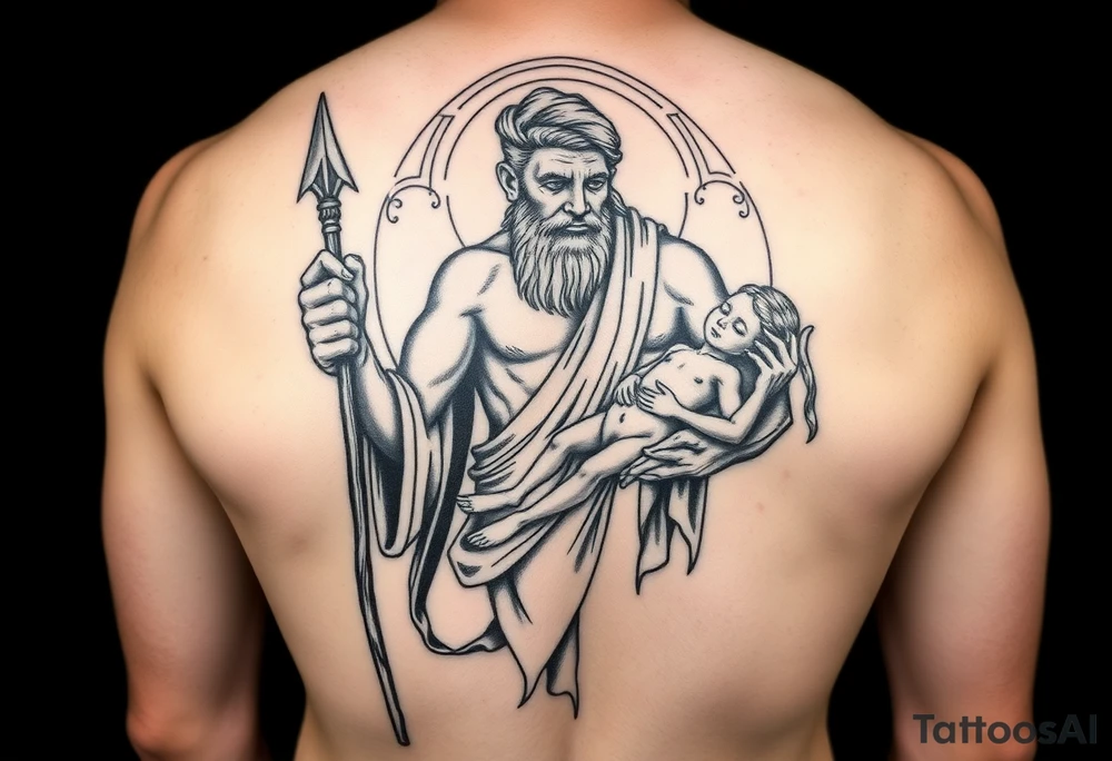 a tattoo design of the Greek God Saturn but older and nearly dying holding his spear looking down using the spear to keep himself upright, in his other arms cradling a twin dying younger version of himself. The gemini constellation is in the background behind the Saturn Gods. Long vertical form as this will be on a thigh - include the planet Saturn rings going round the design tattoo idea