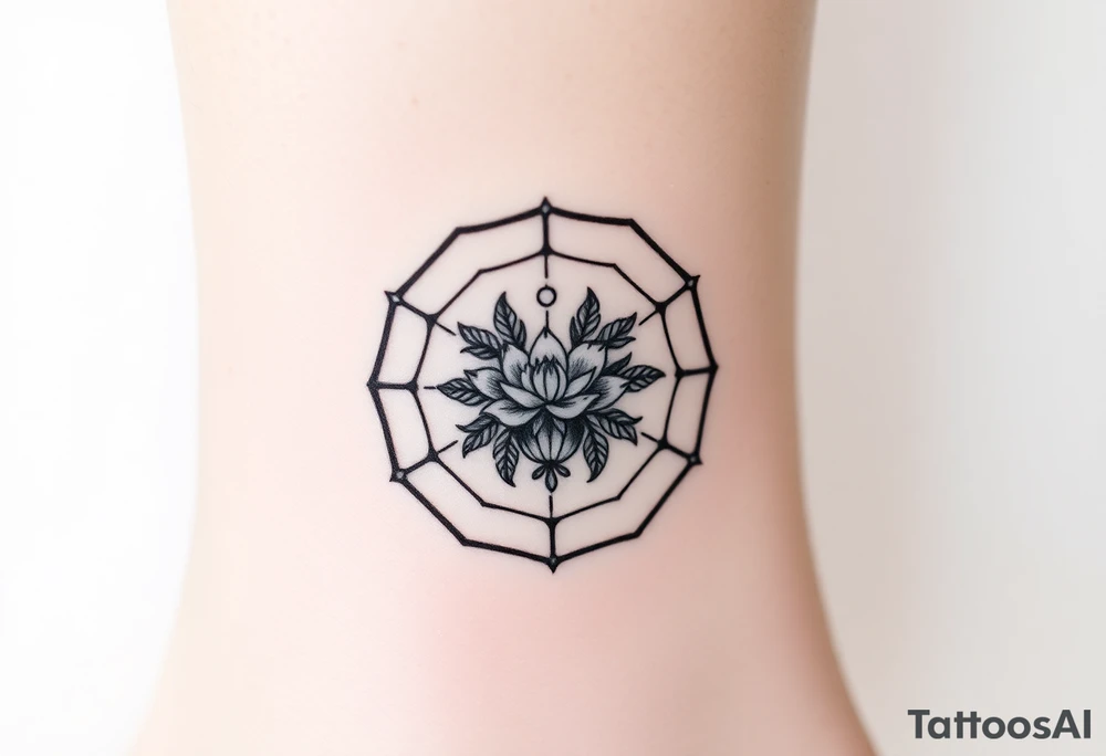 Hexagon with astrological sign for Leo, larkspur and water lilies in the center tattoo idea