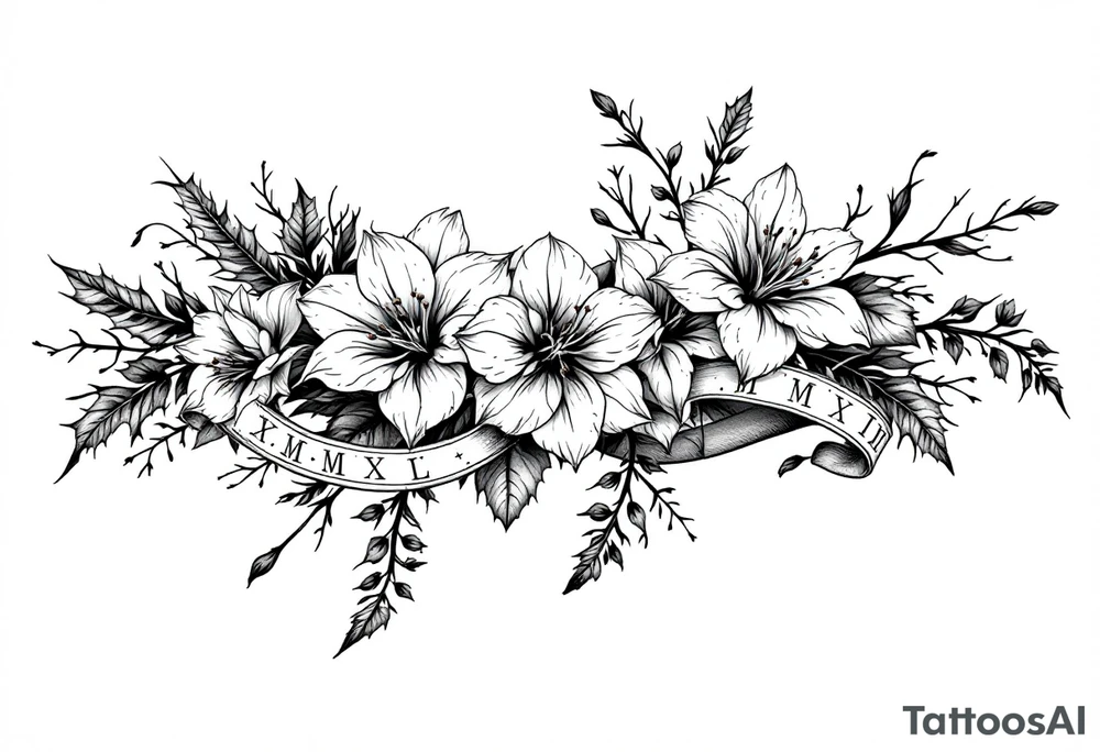 narcissus flowers and holly with 2 bands with roman numerals around them tattoo idea