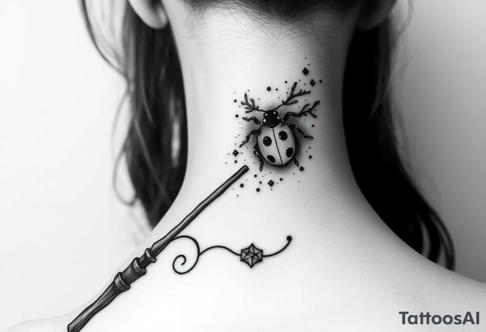 A ladybug getting out of hermione's magic wand like it was a spell. Magic dust all around the wand that looks almost smoky. I also want some small details around it that would make a piggyback on harry potter's movie like harry's glasses, a lightning, the golden snitch, etc... tattoo idea