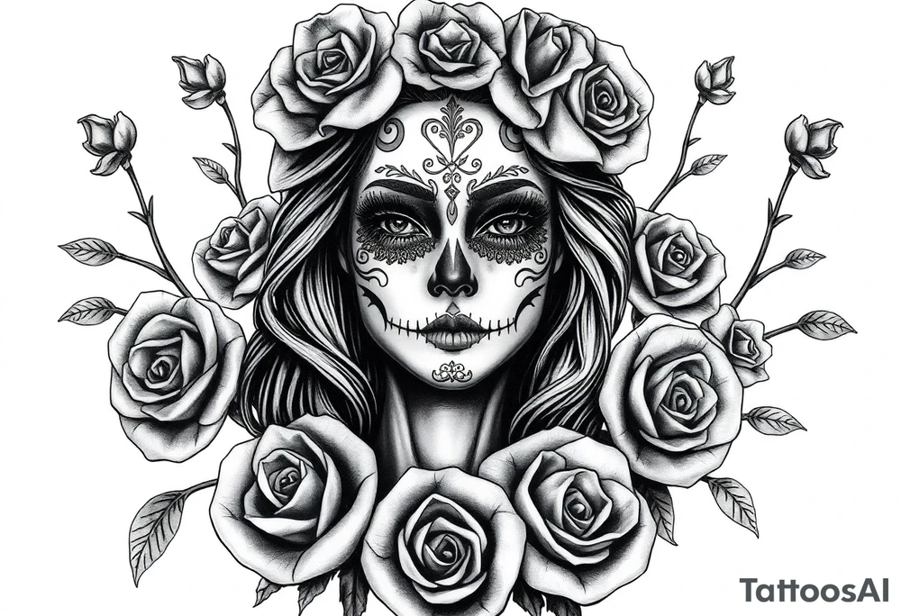 Powerful and beautiful day of the dead female,  surrounded by unclaimed souls and roses tattoo idea
