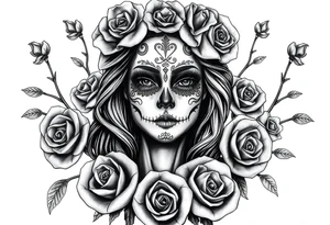 Powerful and beautiful day of the dead female,  surrounded by unclaimed souls and roses tattoo idea