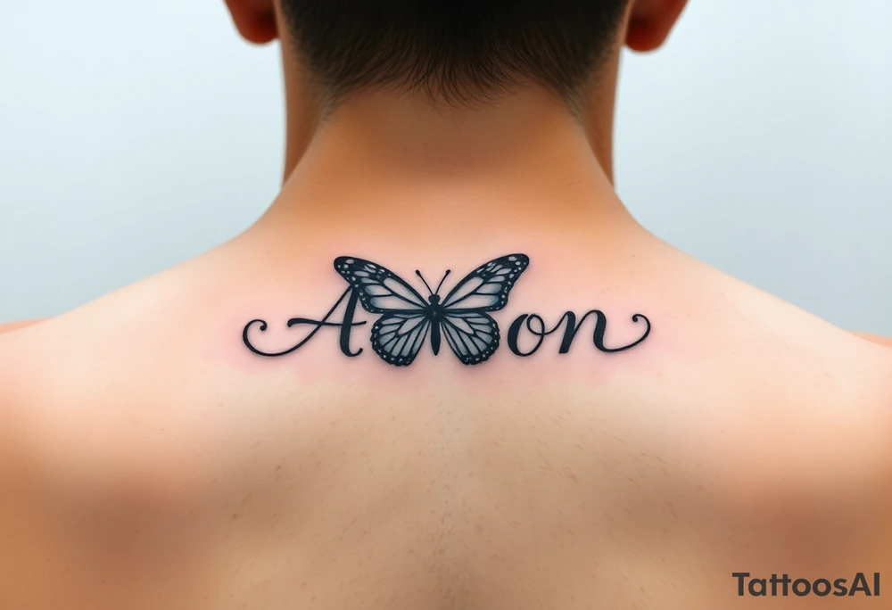 the name aaron with a butterfly and a semicolon , on the hand tattoo idea