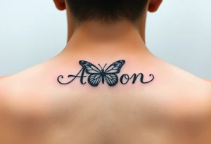 the name aaron with a butterfly and a semicolon , on the hand tattoo idea
