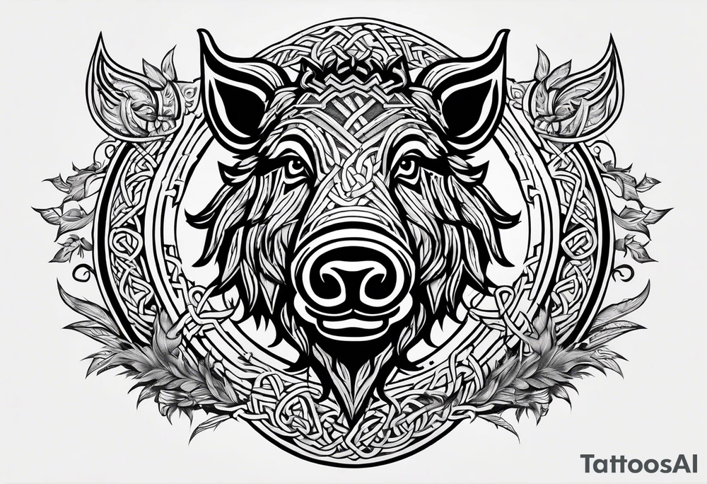 A classic tribal Celtic boar Integrated with a Chatwin, family crest and a Thistle tattoo idea