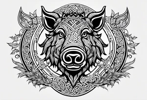 A classic tribal Celtic boar Integrated with a Chatwin, family crest and a Thistle tattoo idea
