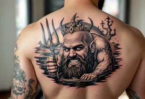 young, happy, fat, balding, poseidon in calm water, holding a trident, drinking a beer, with sunset, with ski boat, with bunny teeth tattoo idea