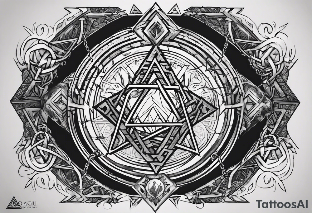 sketch of a chain surrounding the forearm with the following silhouettes: Yggdrasil and Vegvisir, Valknut, the crows of Odin, a reference to the 9 worlds and runes:
Uruz (ᚢ) The Uruz
Raido (ᚱ) The Raido
Gebo (ᚷ) The World
Perthro (ᛈ)
Elhaz (ᛉ) The Great One
Laguz (ᛚ) The Laguz tattoo idea