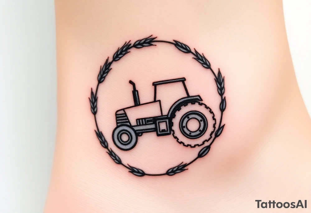 A tractor framed by a circular wreath of wheat and corn stalks, representing abundance and harvest. tattoo idea