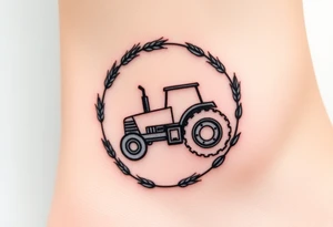 A tractor framed by a circular wreath of wheat and corn stalks, representing abundance and harvest. tattoo idea