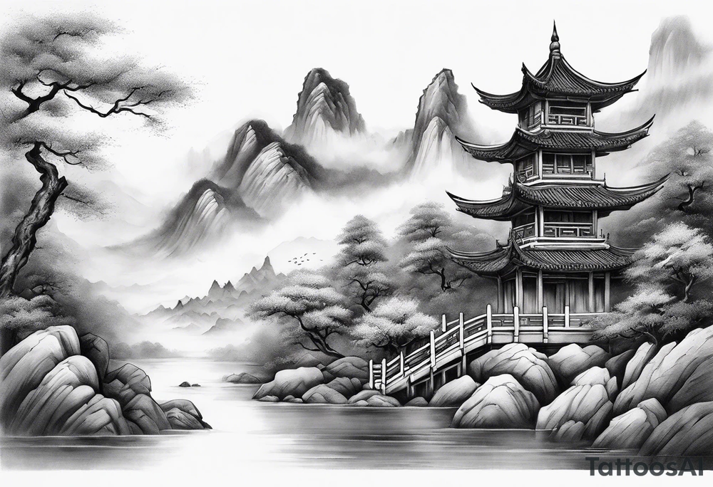 forearm sleeve traditional chinese art painting style autumn mountains mist fog water Chinese temple female with pony tail wearing robes seated meditating far off in the distance tattoo idea