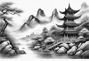 forearm sleeve traditional chinese art painting style autumn mountains mist fog water Chinese temple female with pony tail wearing robes seated meditating far off in the distance tattoo idea