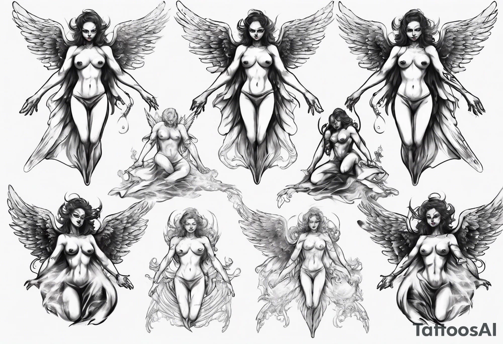an angel transforming into a demon female tattoo idea