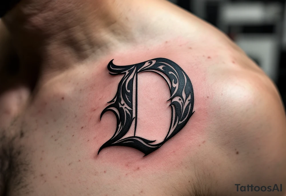 Tribal Style D – A sharp, black ink D stylized with tribal spikes and swirls, resembling Polynesian or Maori patterns. tattoo idea