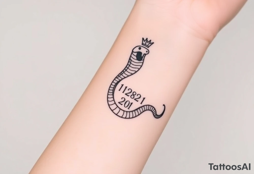 I want a small simple silhouette lines black and white wrist majestic royal snake tattoo that has number 12821 on its body along and also I want it to represent feminine energy crown queen Cycle tattoo idea