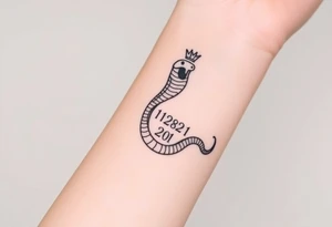 I want a small simple silhouette lines black and white wrist majestic royal snake tattoo that has number 12821 on its body along and also I want it to represent feminine energy crown queen Cycle tattoo idea