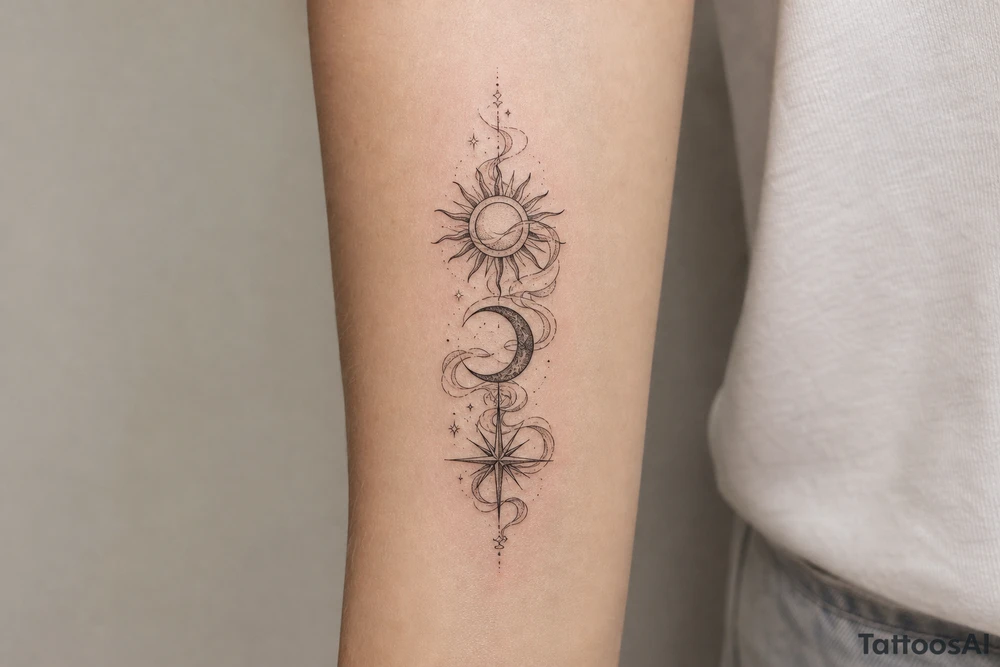 Sun, Moon, and Rising Star in the same red stencil aesthetic, with the smoke weaving through and overlapping each celestial symbol so they feel like a cohesive set for sternum placement. The Rising Star specifically incorporates the same flowing ribbon effect you liked in the Moon and Sun references. tattoo idea