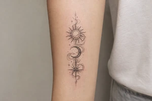 Sun, Moon, and Rising Star in the same red stencil aesthetic, with the smoke weaving through and overlapping each celestial symbol so they feel like a cohesive set for sternum placement. The Rising Star specifically incorporates the same flowing ribbon effect you liked in the Moon and Sun references. tattoo idea