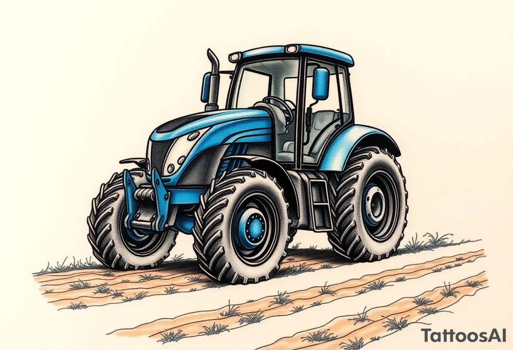 A detailed blue tractor with headlights glowing, standing proudly on a freshly tilled farm field. tattoo idea