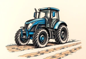 A detailed blue tractor with headlights glowing, standing proudly on a freshly tilled farm field. tattoo idea