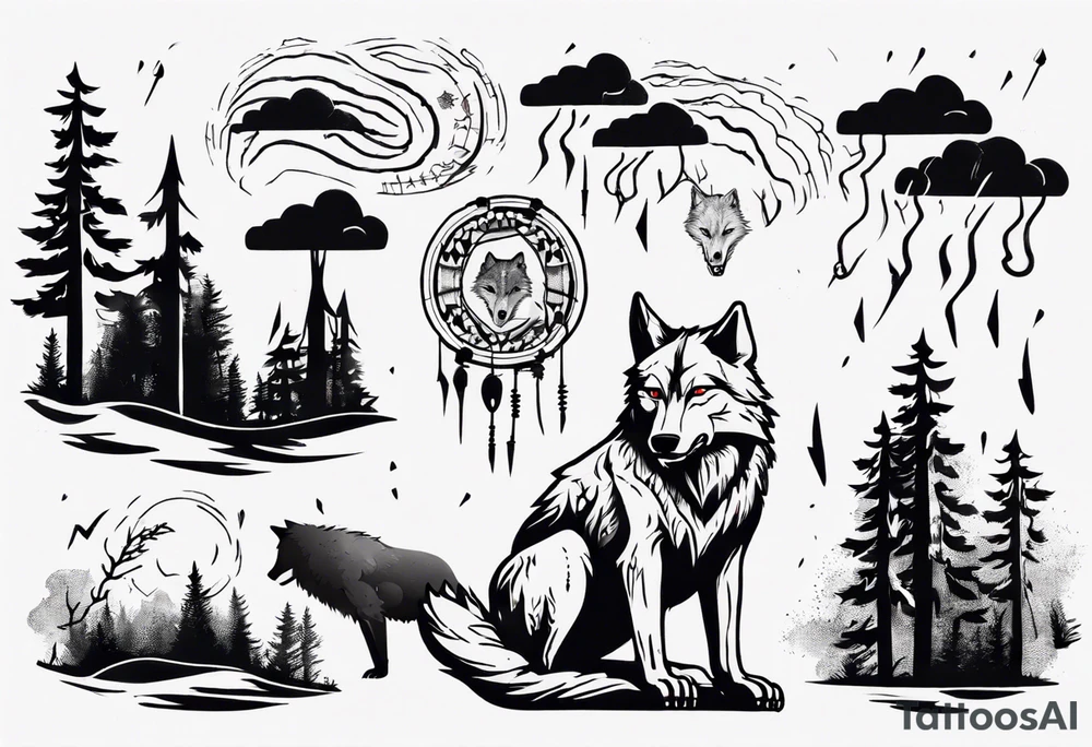 thunderstorm over a forest with a wolf howling on drums tattoo idea thunderstorm over a forest with a wolf howling on drums tattoo idea