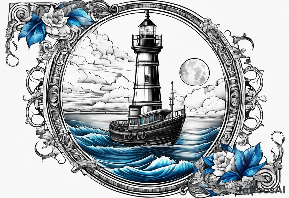 bateau, phare maritime et lune bleu tattoo idea