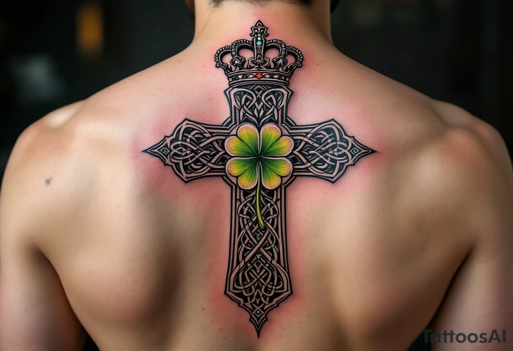 Masculine Celtic cross tattoo featuring intricate knotwork patterns along the arms and base of the cross. At the heart of the cross, place a vibrant four-leaf clover, its leaves shaded with subtle gradients of green, symbolizing luck and unity. Above the cross, incorporate a regal crown adorned with ornate details, such as small gemstones or filigree, to signify authority and strength. Behind the cross add more celtic knots and a celtic tree of life tattoo idea