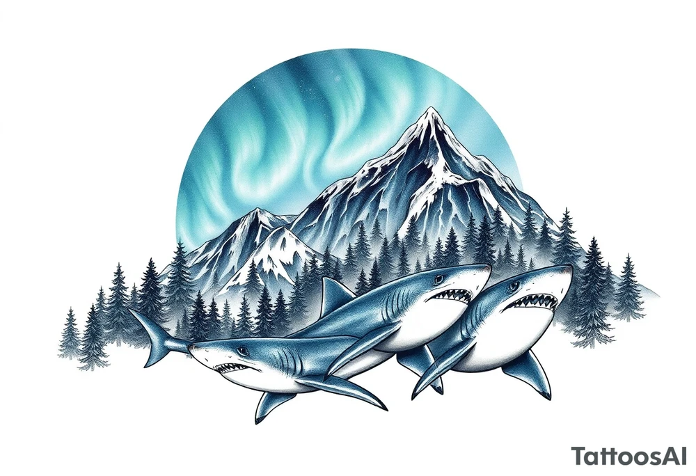 forest mountains under the northen lights with sharks tattoo idea