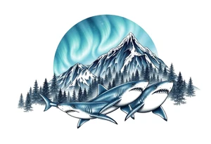 forest mountains under the northen lights with sharks tattoo idea