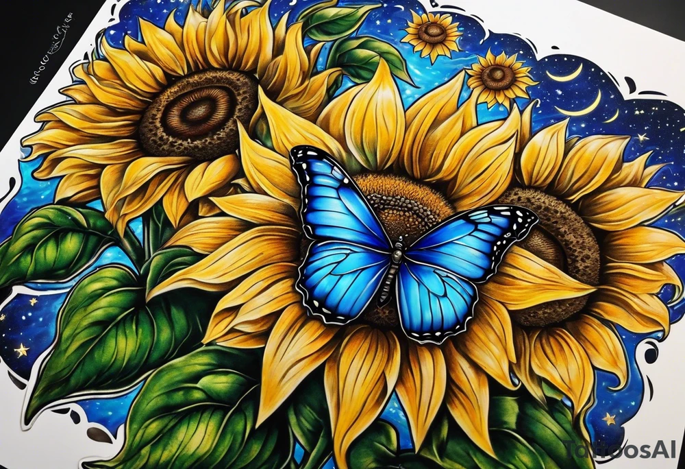 Sunflowers, full moon, blue morpho butterflies, starry night, you are my sunshine, cross, love. tattoo idea