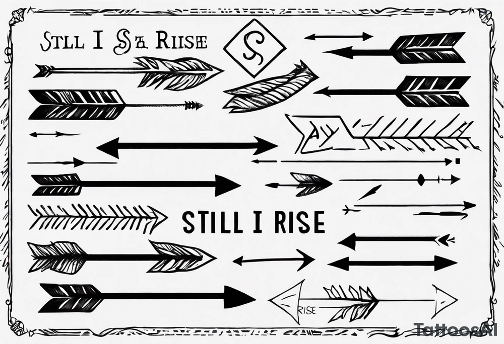 I want a very thin plain arrow going through the sentence “still i rise” which uses a handwritten thin spaced out font tattoo idea